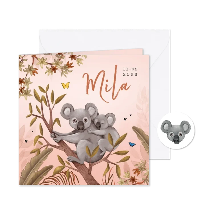 Geboortekaartje jungle meisje koala beer vlinders