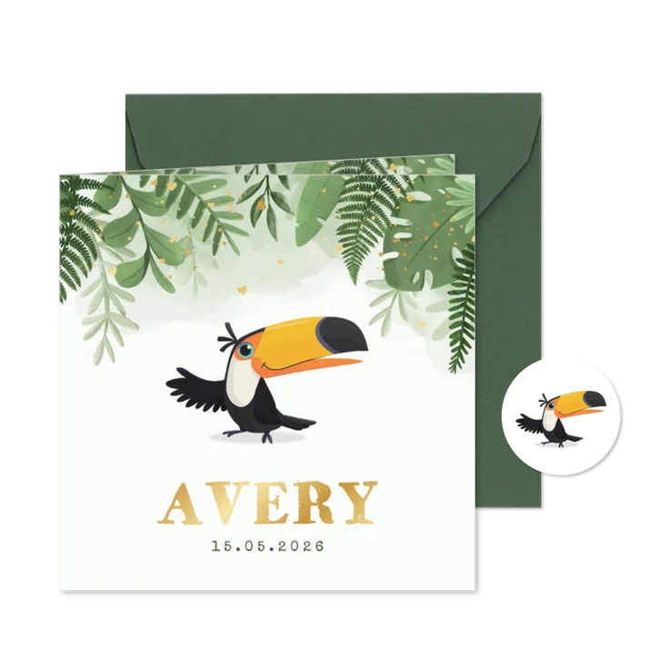 Geboortekaartje jungle toekan stoer hartjes goud