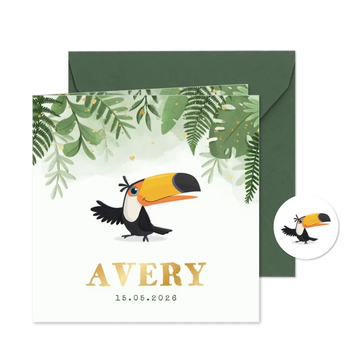 Geboortekaartje jungle toekan stoer hartjes goud