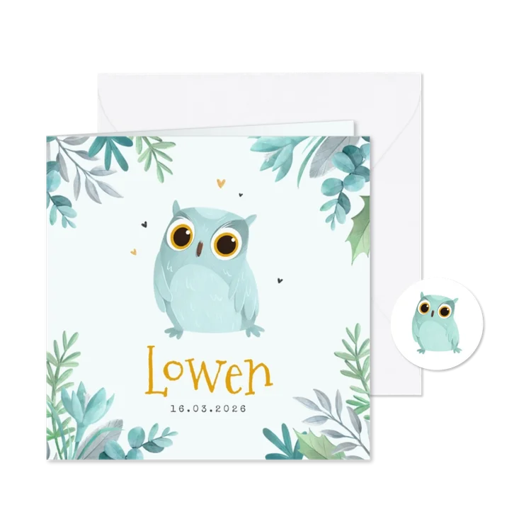 Geboortekaartje jungle winter lief dieren uil