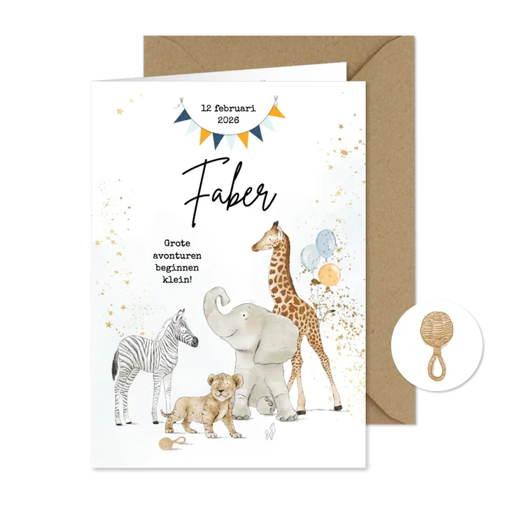 Geboortekaartje jungledieren waterverf goudlook vlaggen