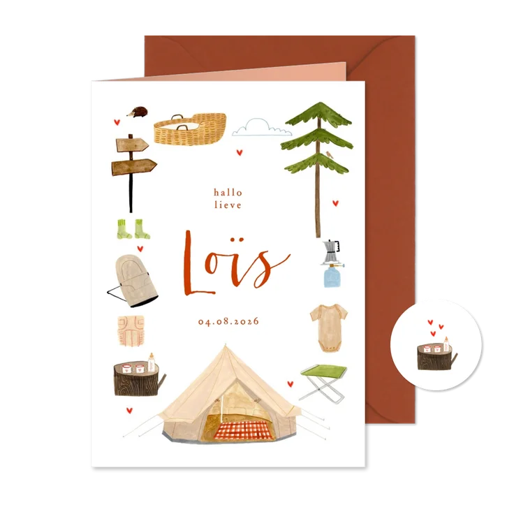 Geboortekaartje kamperen tent, hartjes en baby spulletjes