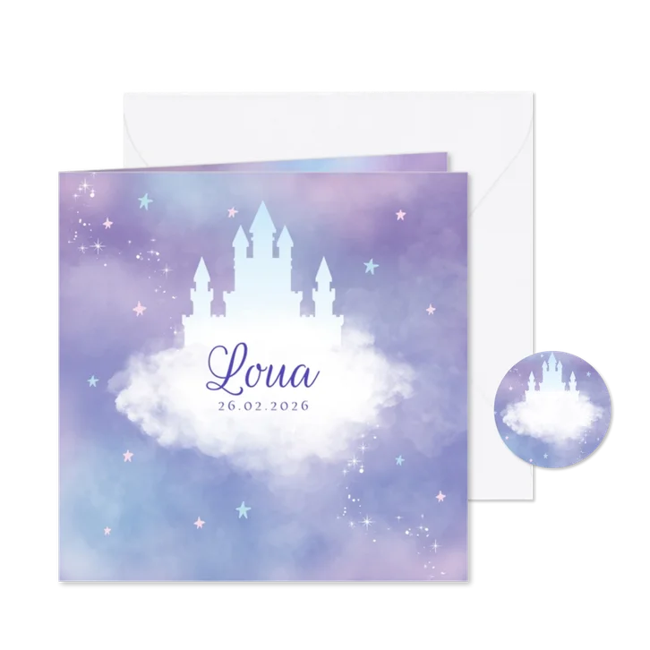 Geboortekaartje kasteel wolken sterren meisje
