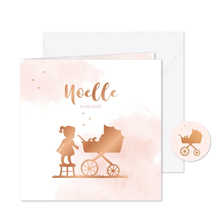 Geboortekaartje kinderwagen met zusje silhouet
