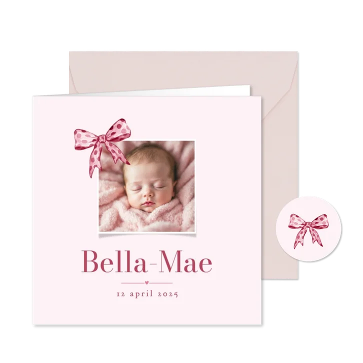 Geboortekaartje klassiek meisje foto strikje roze stippen