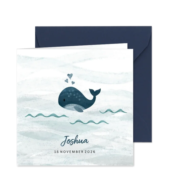 Geboortekaartje kleine walvis met hartjes blauw