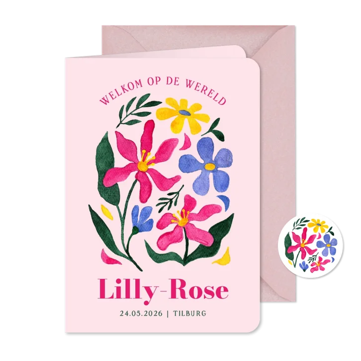 Geboortekaartje kleurrijk bloemen grafisch waterverf roze