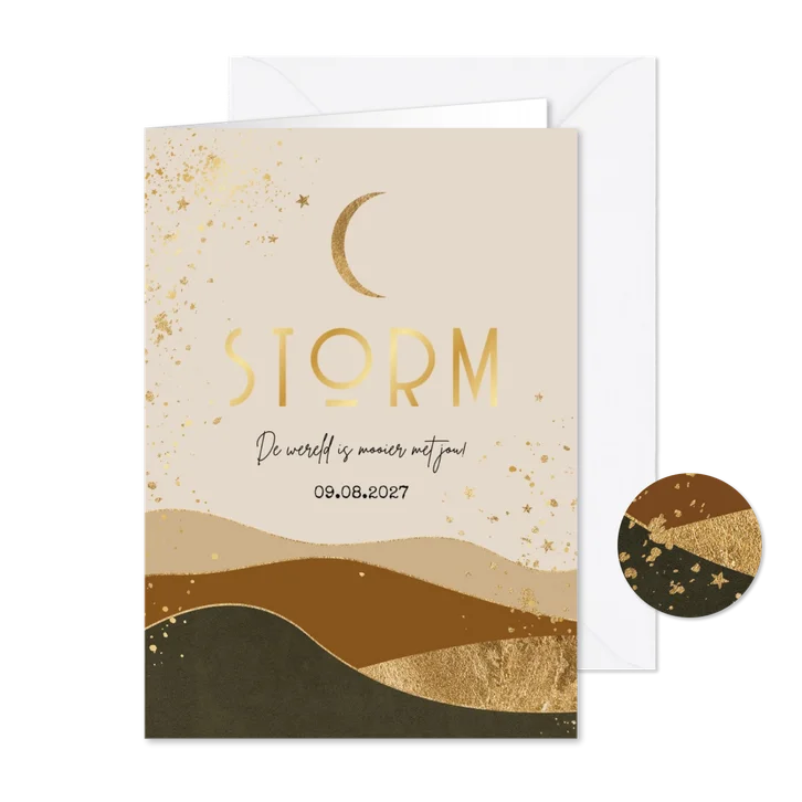 Geboortekaartje kleurrijk landschap maan goudfolie sterren