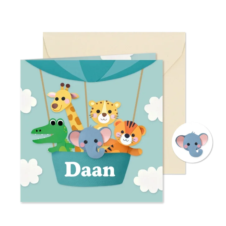 Geboortekaartje knuffel dieren in luchtballon blauw