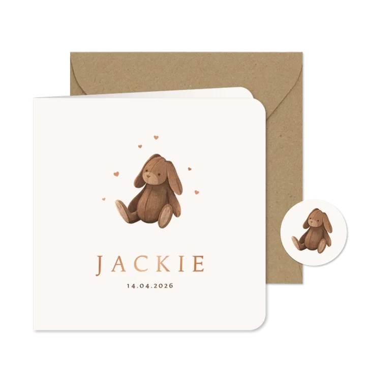 Geboortekaartje knuffelkonijn vintage speelgoed unisex