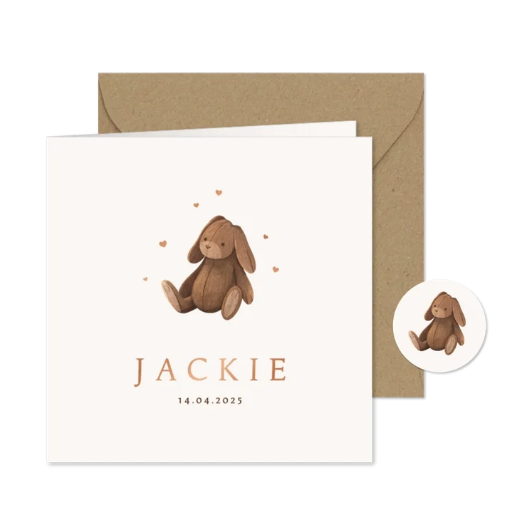 Geboortekaartje knuffelkonijn vintage speelgoed unisex