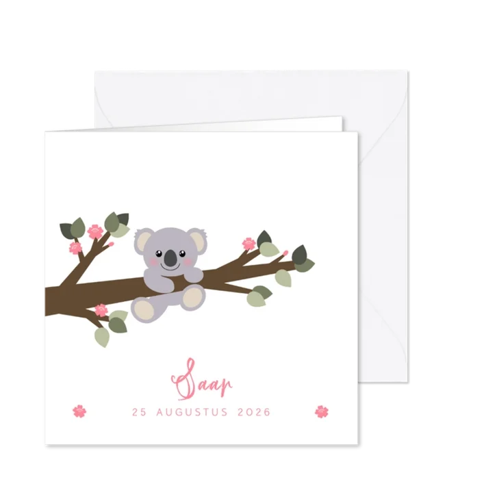 Geboortekaartje koala aan een tak illustratie