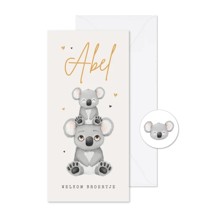 Geboortekaartje koala broertje zusje goud hartjes unisex