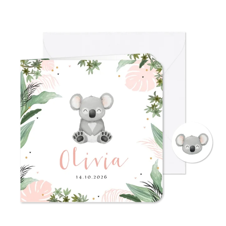 Geboortekaartje koala jungle meisje hartjes
