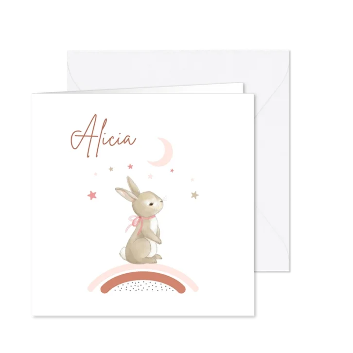 Geboortekaartje - konijn met regenboog meisje