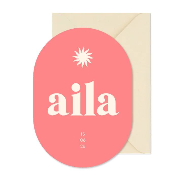 Geboortekaartje koraal met zon in ovalen vorm