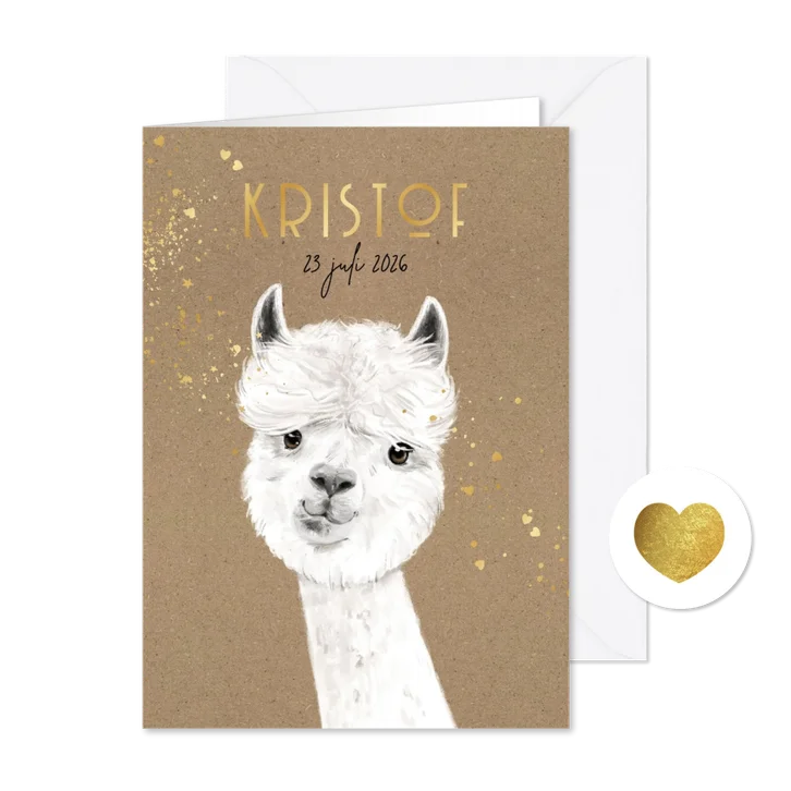 Geboortekaartje kraft alpaca illustratie goudfolie