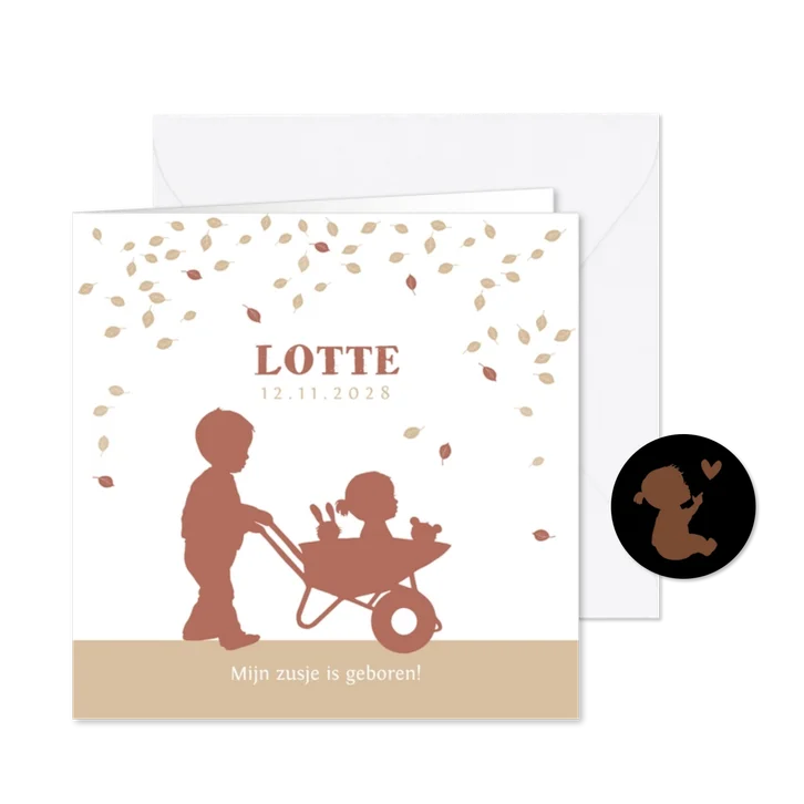 Geboortekaartje kruiwagen met zusje in kraftkleur