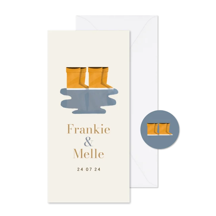 Geboortekaartje laarsjes in regenplas tweeling