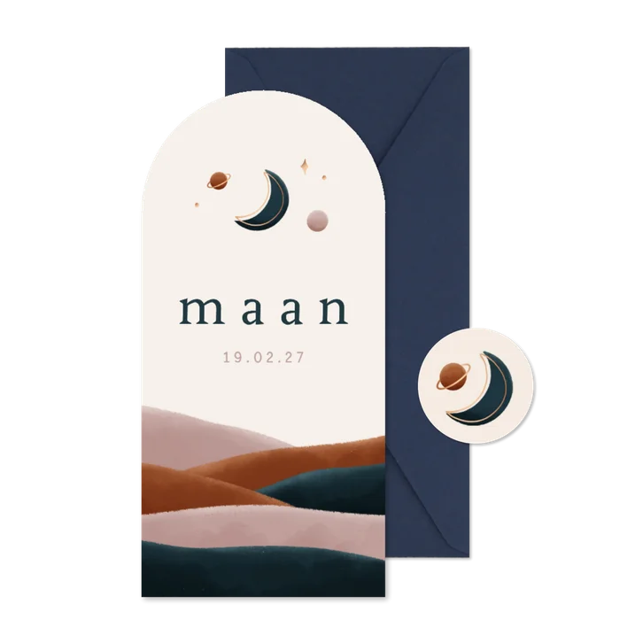 Geboortekaartje landschap maan en planeetjes boog vorm