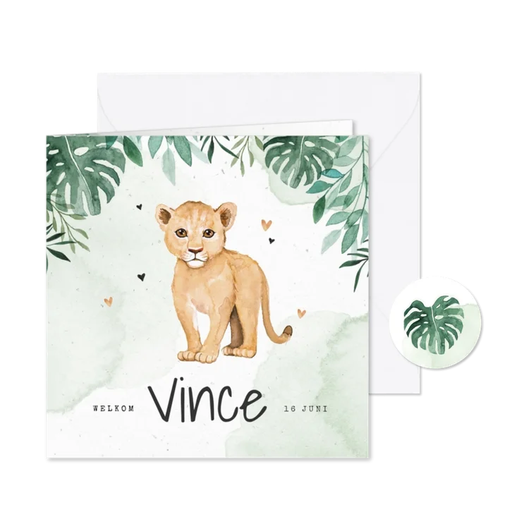 Geboortekaartje leeuw jungle botanisch waterverf