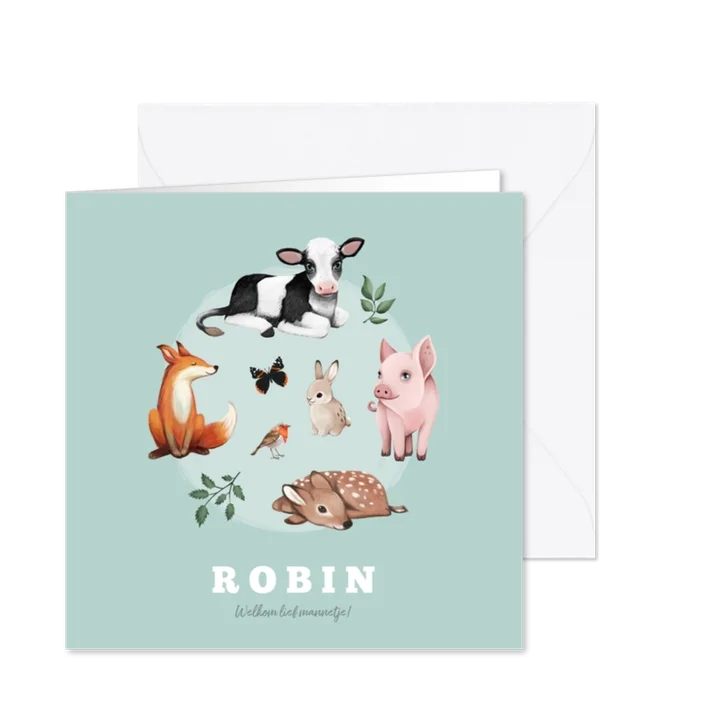 Geboortekaartje lente dieren vos varken koe konijn hert