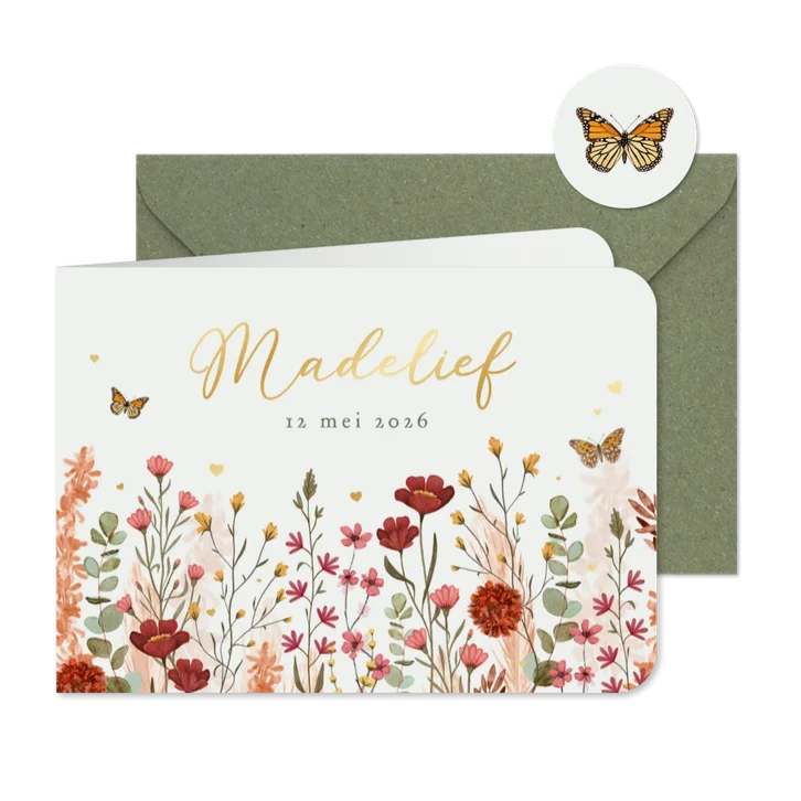 Geboortekaartje lente wilde bloemen vlinders hartjes goud