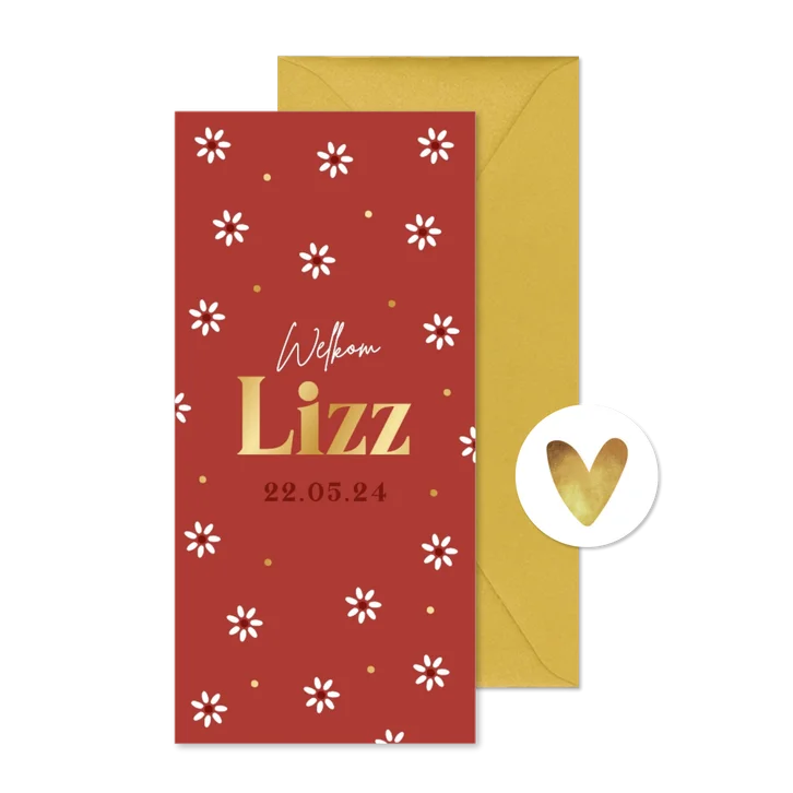 Geboortekaartje lente zomer bloemetjes goud bordeaux rood