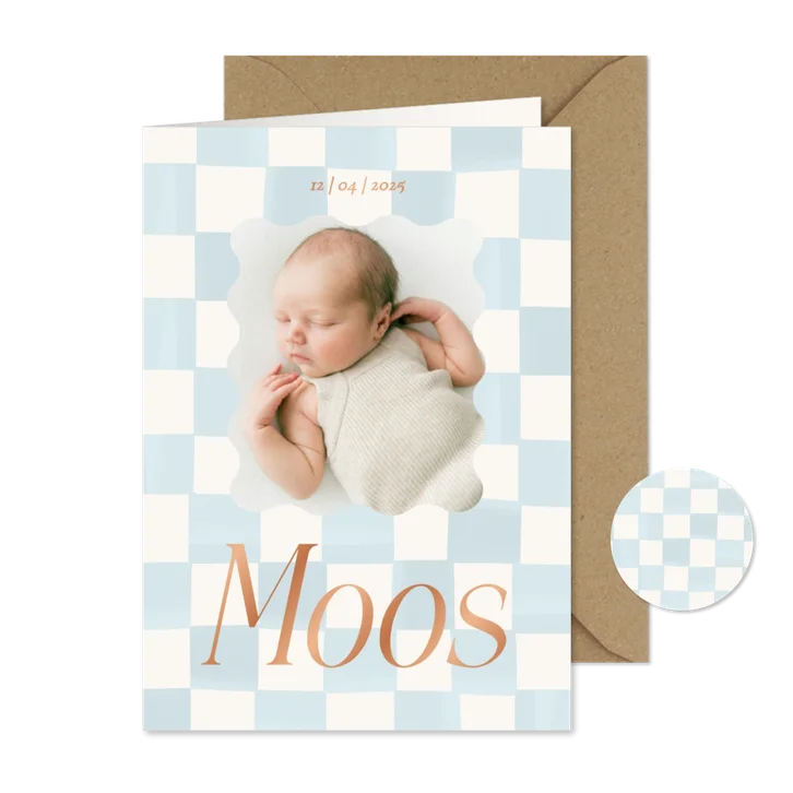 Geboortekaartje lichtblauwe blokjes en koperfolie