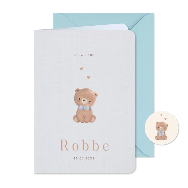 Geboortekaartje lief beertje met blauwe strikje
