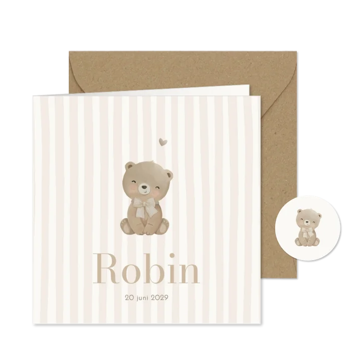 Geboortekaartje lief beertje met strikje beige