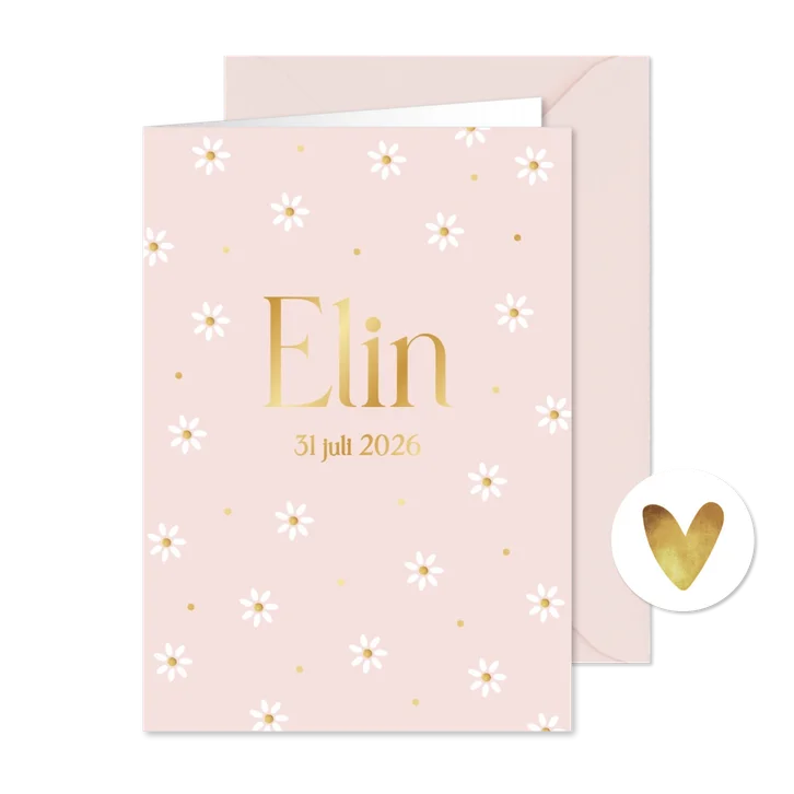 Geboortekaartje lief bloemetjes goud stipjes stijlvol