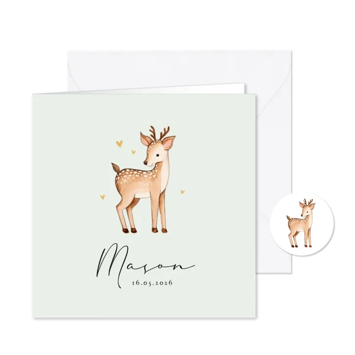 Geboortekaartje lief bosdieren hertje goud hartjes
