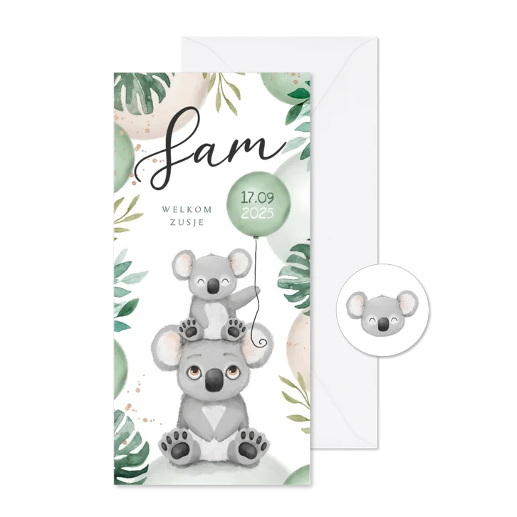 Geboortekaartje lief broertje zusje unisex koala dieren 