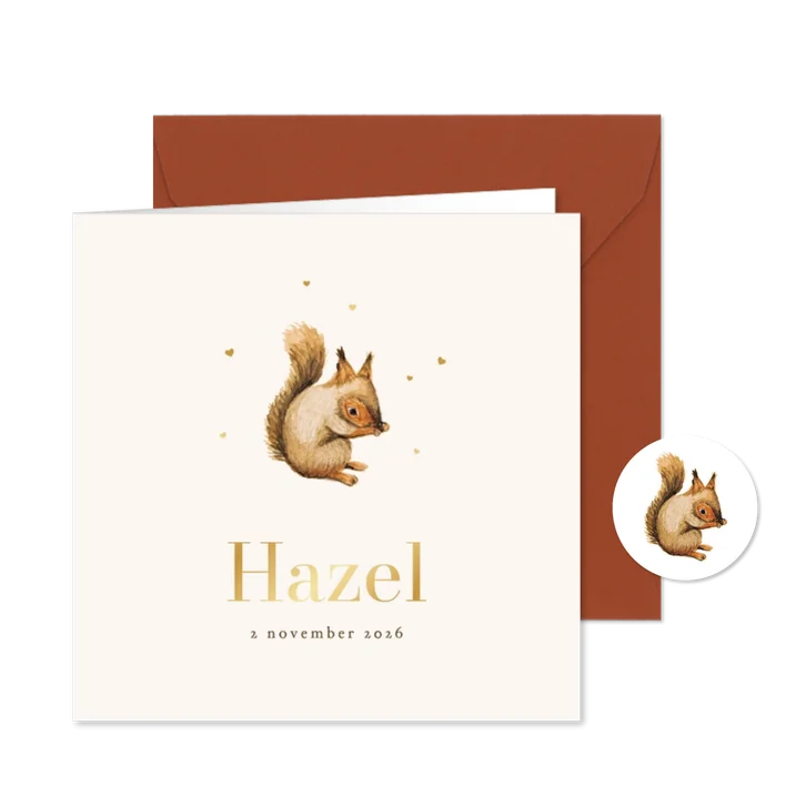 Geboortekaartje lief eekhoorn herfst hartjes goud