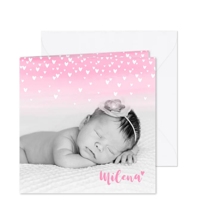 Geboortekaartje lief hartjes aquarel foto roze