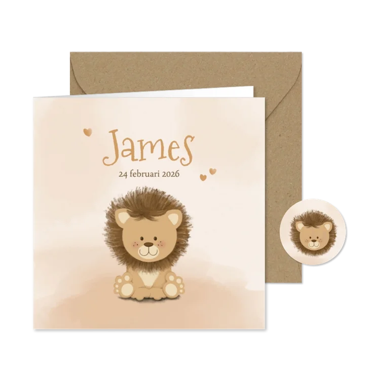 Geboortekaartje lief leeuwtje in zachte beige tinten