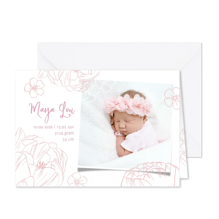 Geboortekaartje lief meisje foto & bloemen