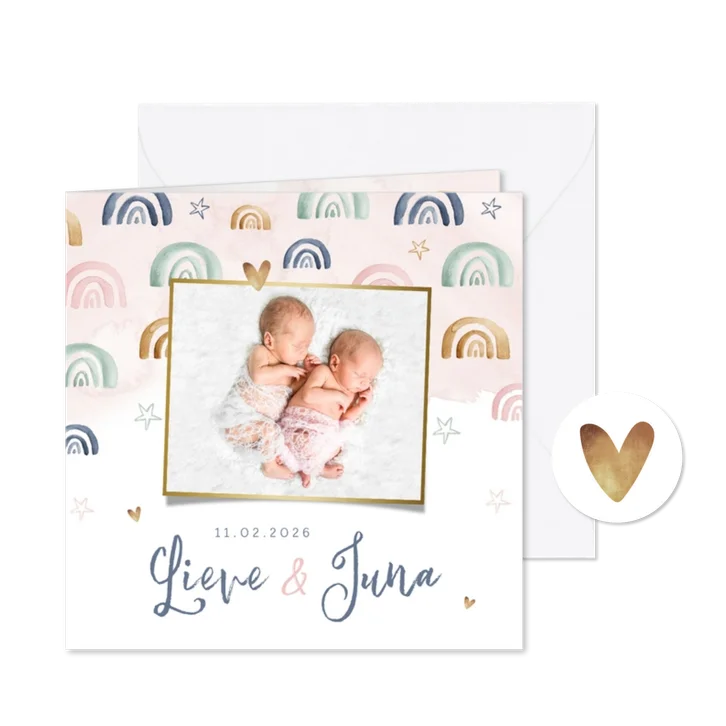 Geboortekaartje lief meisje regenboog tweeling waterverf