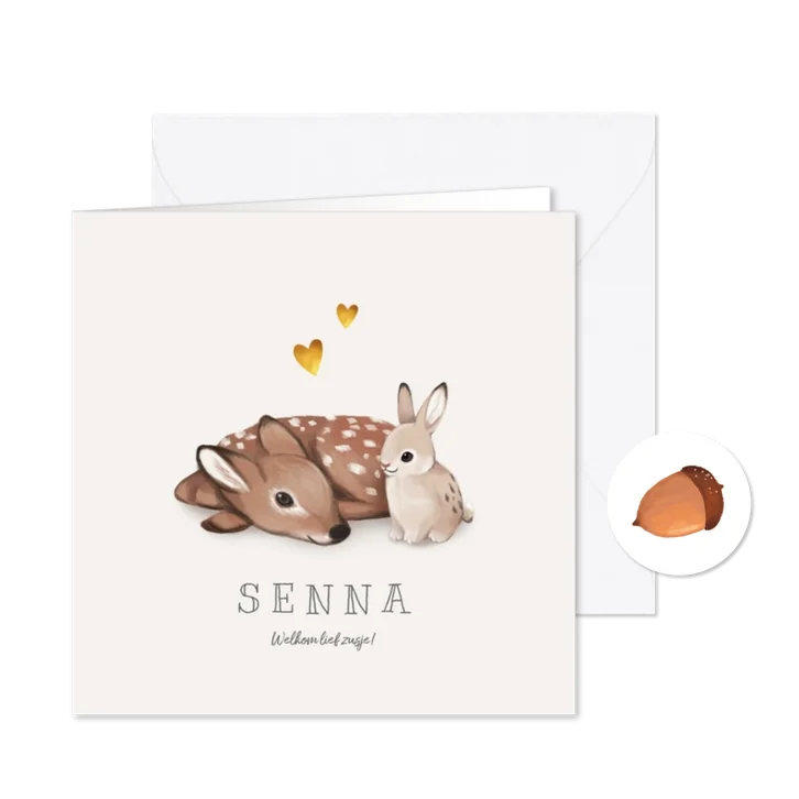 Geboortekaartje lief met konijn en hert voor broertje/zusje