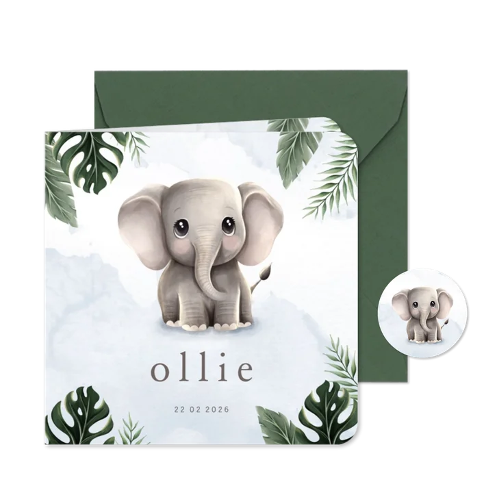 Geboortekaartje lief olifantje blauw jungle thema