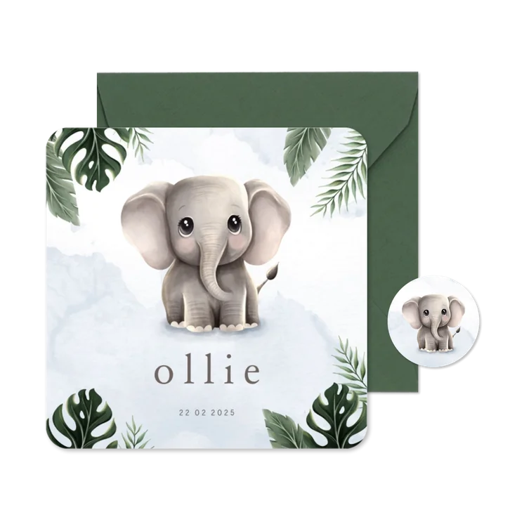 Geboortekaartje lief olifantje blauw jungle thema