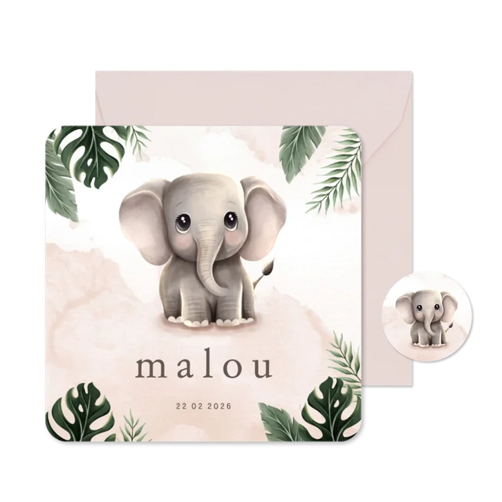 Geboortekaartje lief olifantje roze jungle thema