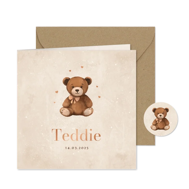 Geboortekaartje lief teddybeertje hartjes neutraal koper