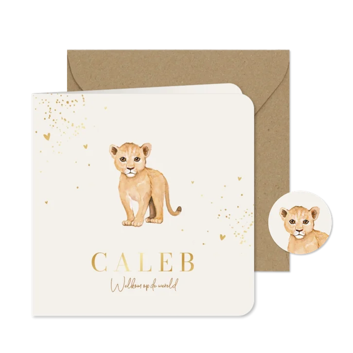 Geboortekaartje lief unisex leeuw welpje hartjes goud
