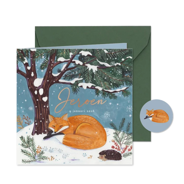 Geboortekaartje lief vosje slaapt onder een boom