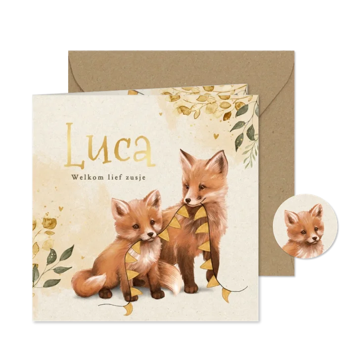 Geboortekaartje lief zusje of broertje herfst vosjes slinger