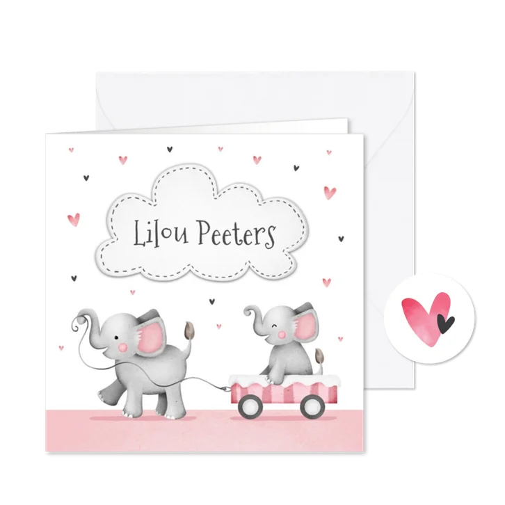 Geboortekaartje lief zusje olifantjes en hartjes