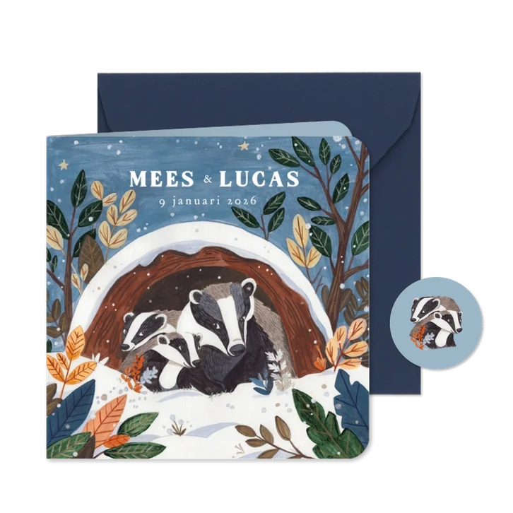 Geboortekaartje lieve dassen familie mama met tweeling