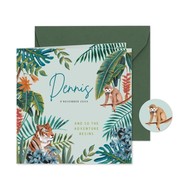 Geboortekaartje lieve tijger in tropische jungle